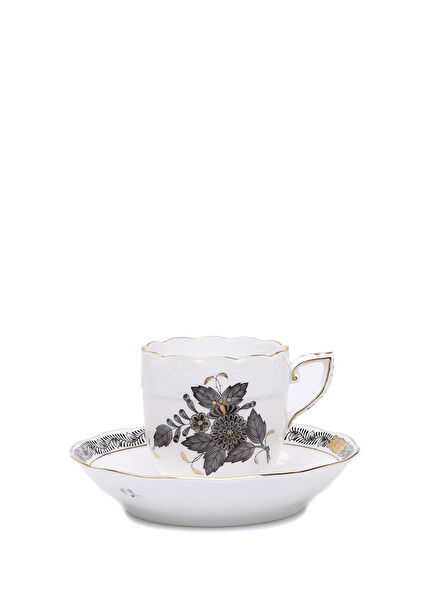 Siyah Çiçek Motifli Porselen Kahve Fincan Takımı