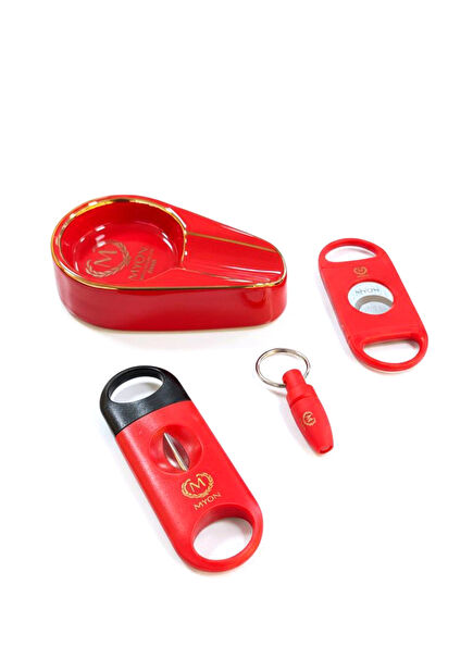 Kırmızı Küllük Kesici Delici 4 Parça Puro Seti 