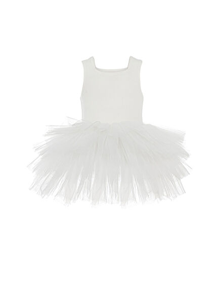 Kırık Beyaz Kolsuz Kız Çocuk Tütülü Elbise
