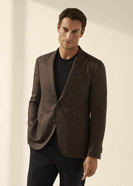Brown Plaid Wool Blend Jacket