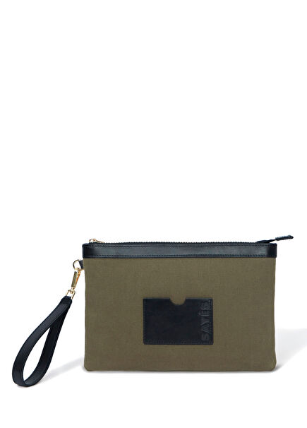 Stitched Haki Siyah Kanvas Kadın Clutch Çanta