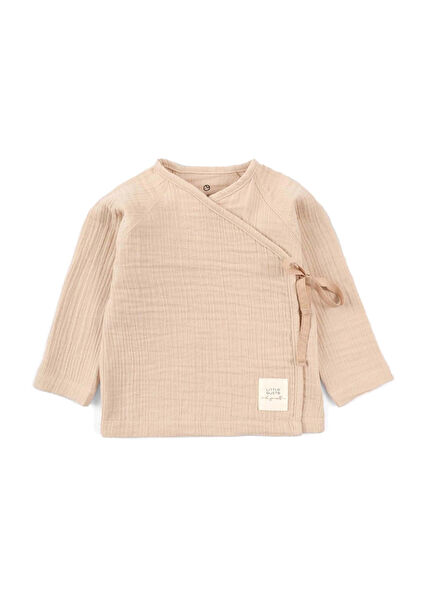 Bej Organik Pamuk Müslin Kruvaze Yaka Unisex Bebek Ceket