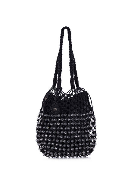Stella Black Beaded Macramé Women's Shoulder Bag