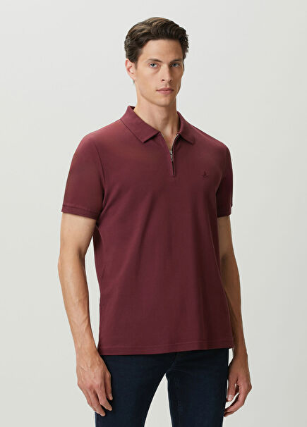 Mürdüm Polo Yaka Fermuarlı T-shirt