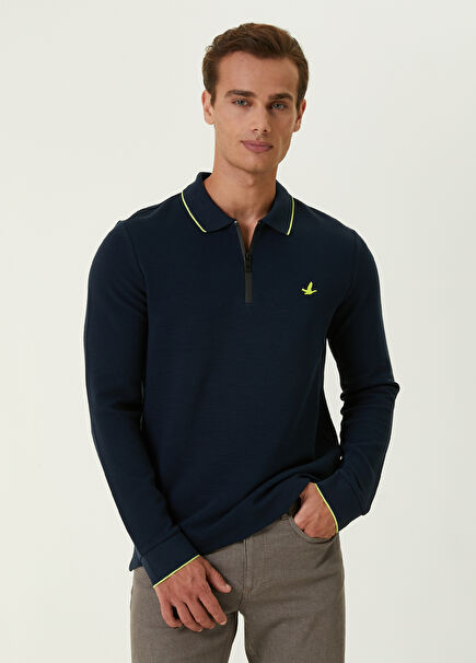Slim Fit Lacivert Polo Yaka Dokulu Sweatshirt