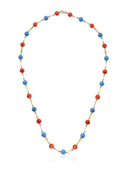 Turkuaz Mercan 14 Ayar Altın Kadın Uzun Kolye