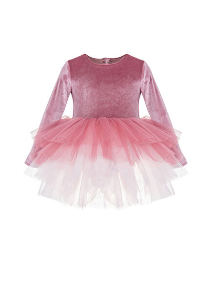 Gül Kurusu Kadife Tütülü Uzun Kollu Kız Çocuk Elbise