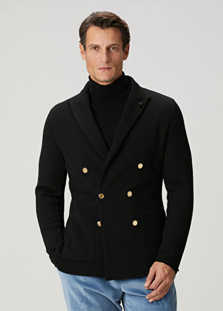 Black Jacquard Double-Breasted Wool Jacket