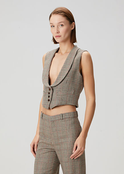 Brown Plaid Patterned Crop Wool Vest
