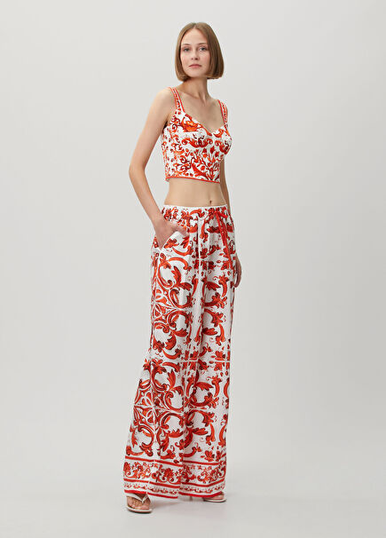 Orange White Patterned Silk Trousers