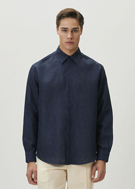 Comfort Fit Navy Blue Logo Embroidered Linen Shirt