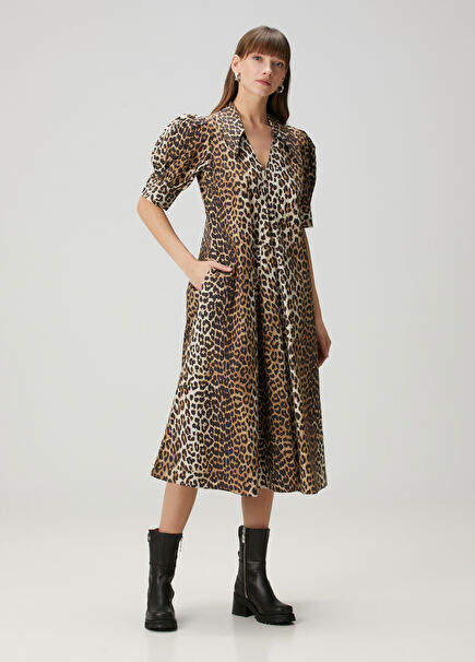 Leopard Print Midi Poplin Dress
