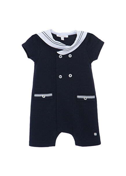 Navy Blue Baby Boy Jumpsuit with Cotton Collar and Button Detail
