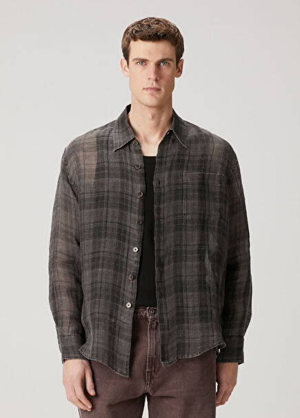 Above Kahverengi Ekose Desenli Keten Gömlek