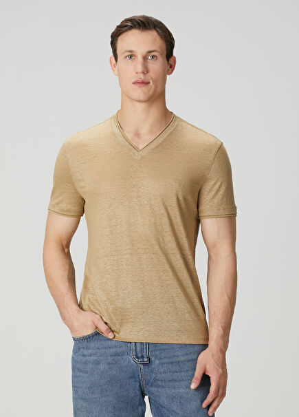 Slim Fit Wooster Taba V Yaka Keten T-shirt