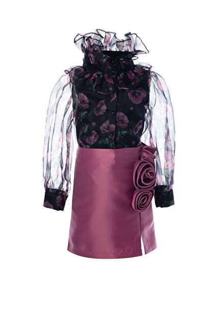 Mor 3D Güllü Etek ve Bluz Kız Çocuk 2'li Set