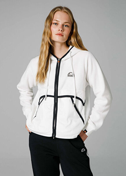 Kırık Beyaz Akrilik Fermuarlı Kapüşonlu Kadın Spor Ceket EF188-OF