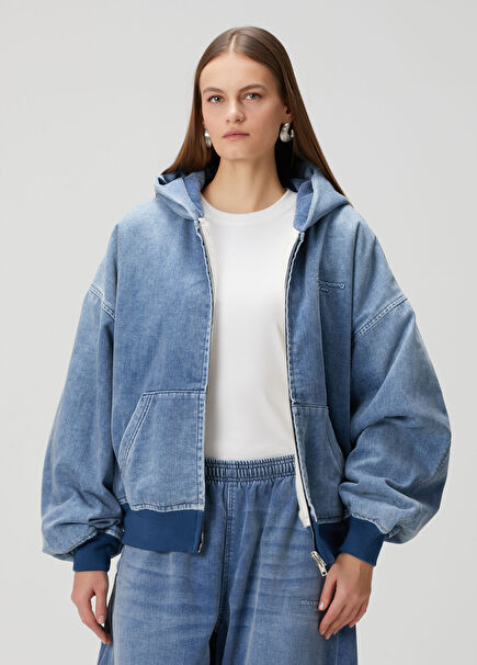 Mavi Kapüşonlu Fermuarlı Sweatshirt