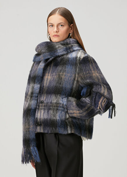 Blue Plaid Scarf Detailed Jacket