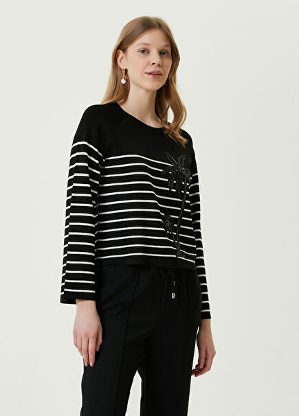 Black Stone-Embellished Palm Embroidery Sweater