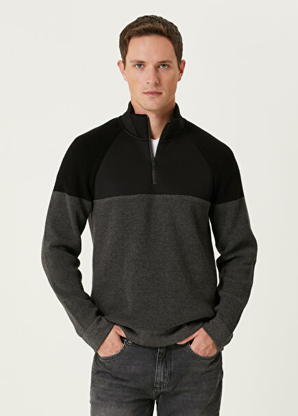 Black Collar Zipper Colorblocked Wool Sweater