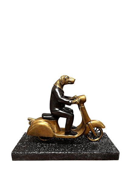 Decorative Object of a Dog Traveling with a Bronze Metal Vespa