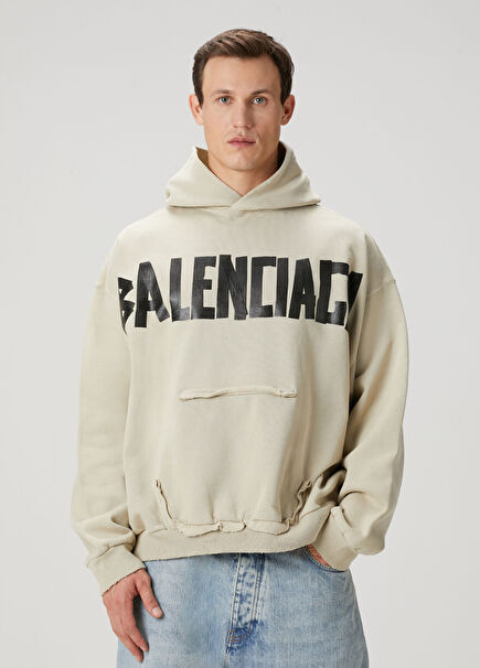 Beige Hooded Distressed Sweatshirt