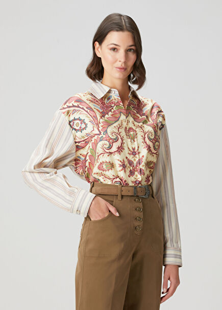 Kırık Beyaz Şal Desenli İpek Gömlek