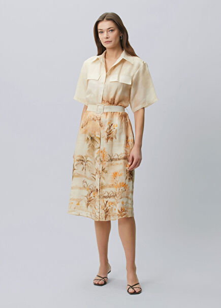 Bej Palmiye Desenli Keten Gömlek