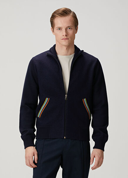 Navy Blue Wool Knit Cardigan