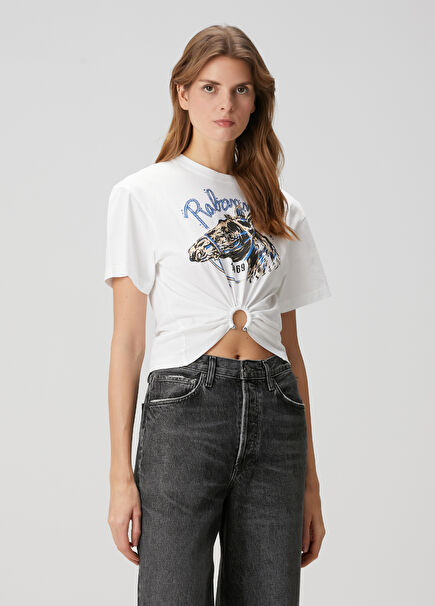 White Printed Cropped T-Shirt