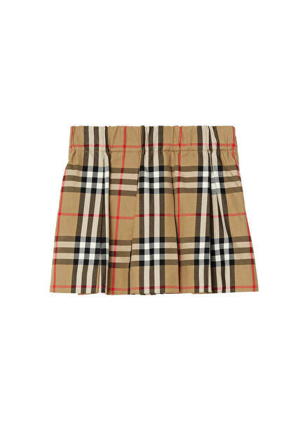 Check Pleated Beige Cotton Girls' Skirt