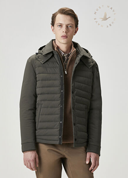 Haki Kapüşonlu Kapitoneli Mont