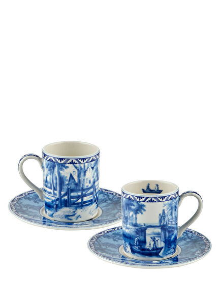 Romance Blue Patterned Porcelain Set of 2 Coffee Cups and Saucers