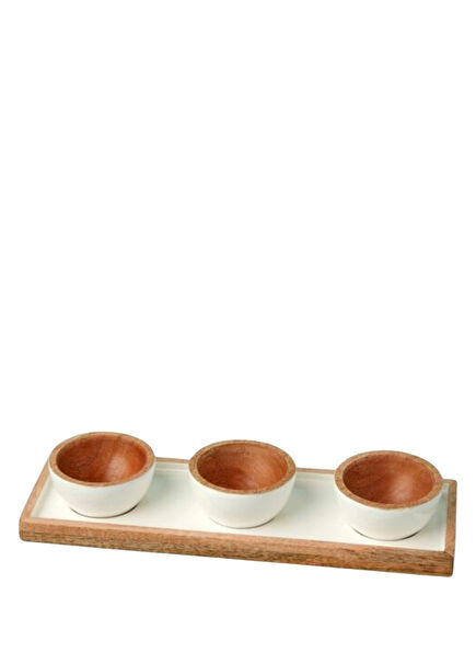 Mango Wood White 3-Piece Bowl & Tray