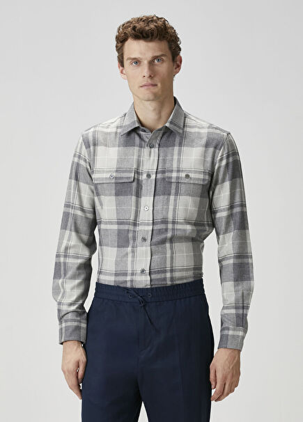 Gri Ekose Desenli Yün Dış Gömlek