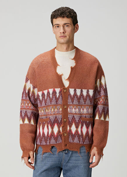 Taba Etnik Desen Jakarlı Yün Triko Hırka
