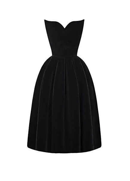 Siyah Kadife Kali Kadın Mini Abiye Elbise