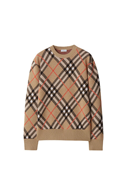 Check Bej Yün Karışımlı Erkek Kazak