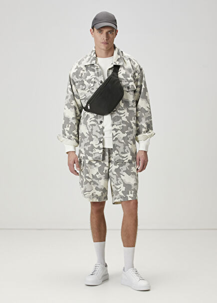 Khaki Camouflage Patterned Denim Shorts