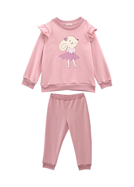 Pembe Baskılı Kolları Fırfır Detaylı Kız Bebek/Çocuk Eşofman Takımı 