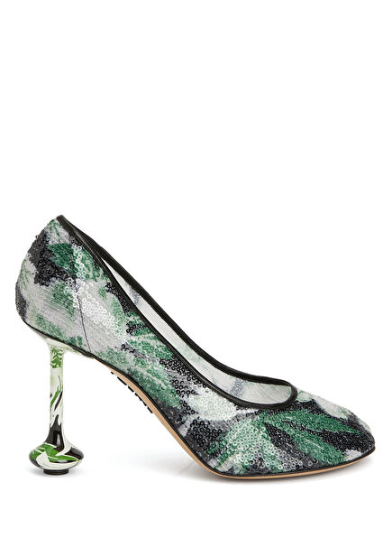 Yeşil Beyaz İşlemeli Topuklu Ayakkabı