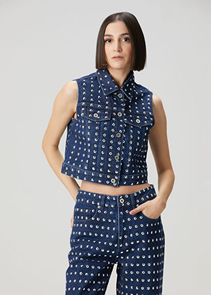Blue Stud Detailed Denim Vest