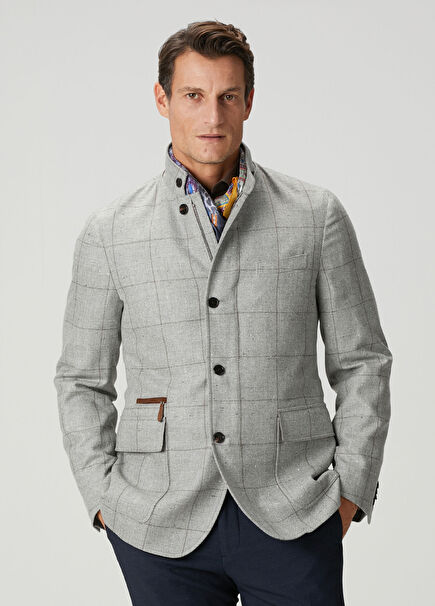 Gri Ekose Desenli Yün Ceket