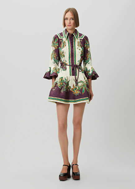 Ruthie Bordo Mini Keten Elbise