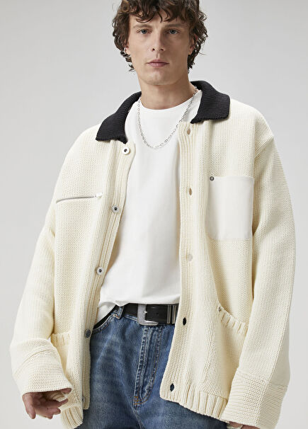 Off-White Collar Garnished Knit Coat