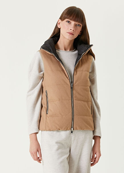 Camel Double Sided Hooded Puff Vest