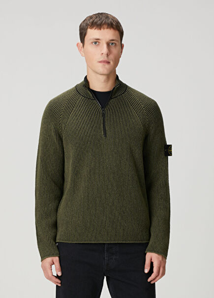 Haki Yakası Fermuarlı Yün Kazak