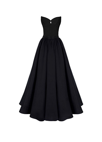 Siyah Straplez Taş Detaylı Kadın Prenses Abiye Elbise