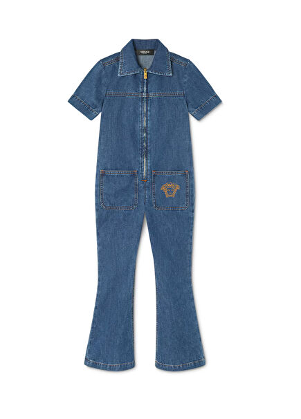 Mavi Medusa Detaylı Kız Çocuk Denim Tulum